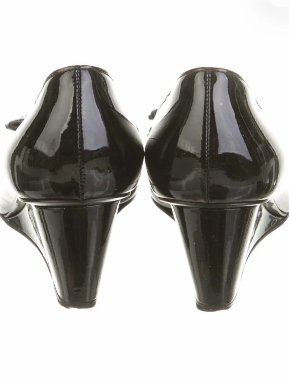 Prada Black Patent Leather Peep-Toe Wedges with Bow and Gold Accent